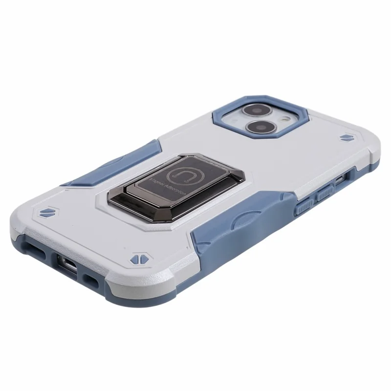 For iPhone 15 Plus Car Mount Kickstand Phone Case Hard PC Soft TPU Protective Cover - White