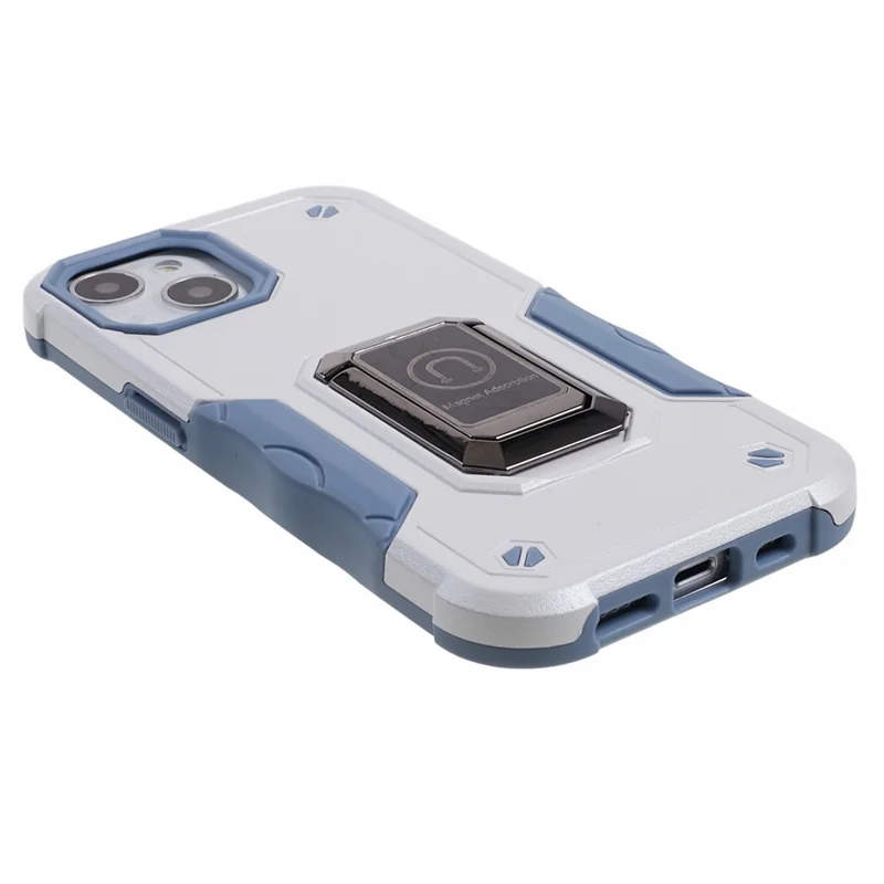 For iPhone 15 Plus Car Mount Kickstand Phone Case Hard PC Soft TPU Protective Cover - White