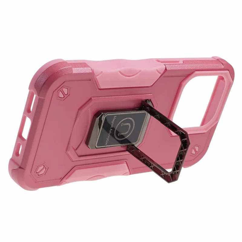 Para iPhone 15 Pro Phone Case PC+TPU Kickstand Cover Work with Magnetic Car Mount - Pink
