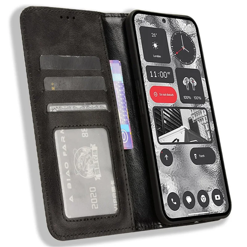 Wallet PU Leather Phone Case for Nothing Phone (2) , Full Protection Stand Retro Phone Cover - Black