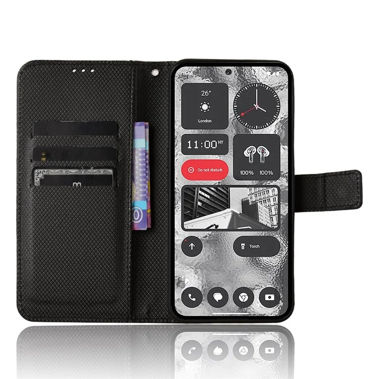 Diamond Texture PU Leather Wallet Case for Nothing Phone (2) , Stand Protective Phone Cover - Black