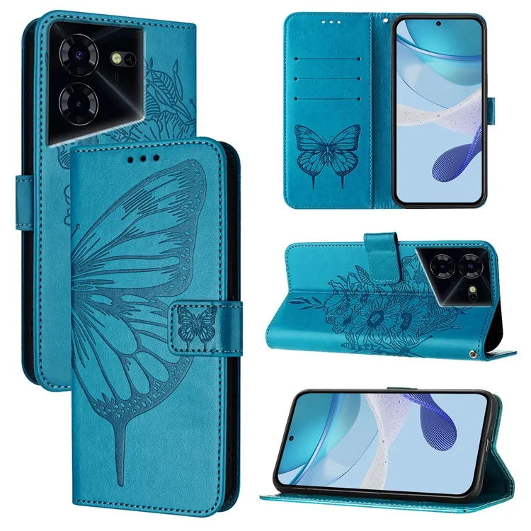 YB Imprinting Series-4 For TECNO Pova 5 4G Funda de Cartera de Teléfono con Estampado de Mariposa de Cuero PU con Soporte - Azul