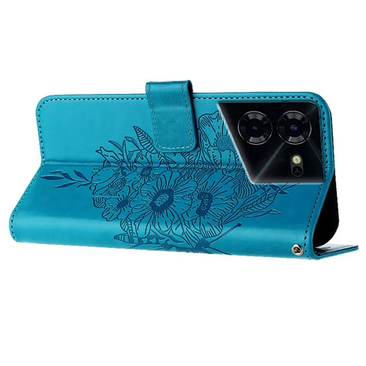 YB Imprinting Series-4 For TECNO Pova 5 4G Funda de Cartera de Teléfono con Estampado de Mariposa de Cuero PU con Soporte - Azul