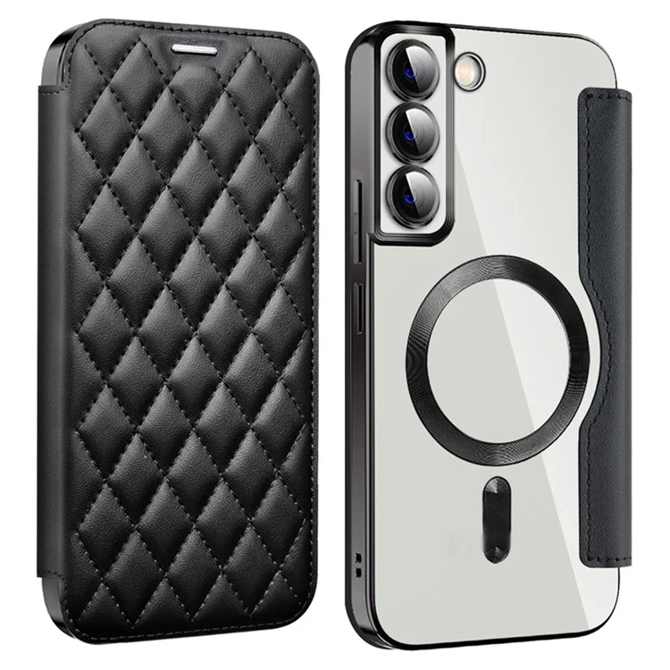 Per Samsung Galaxy S23 Compatibile con MagSafe Rhombus Leather Case RFID Blocking Card Holder Cover with Lens Film - Nero