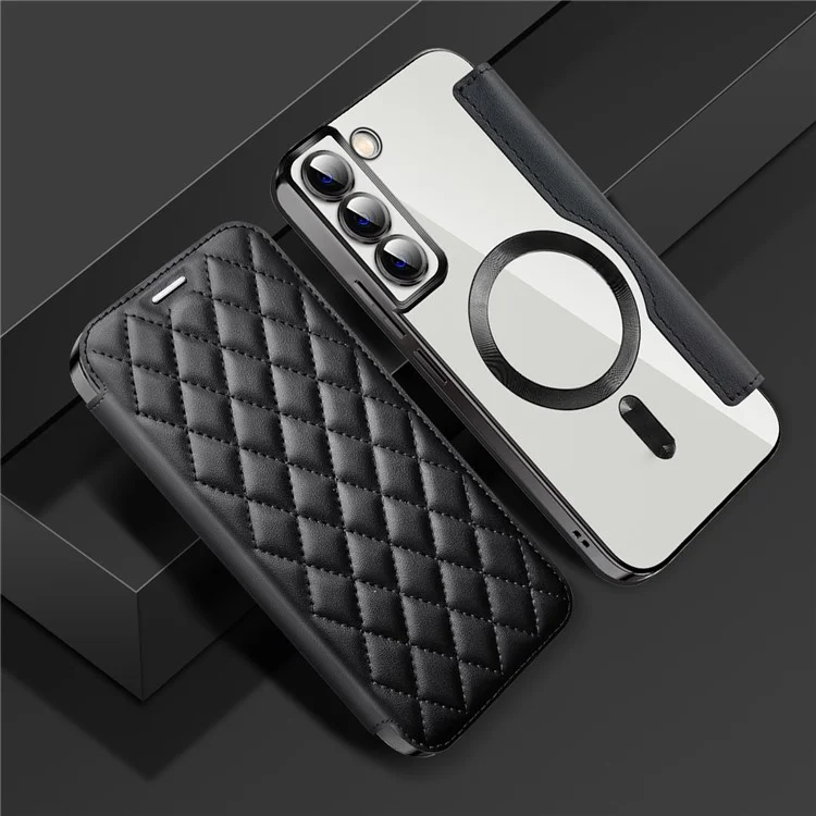 Per Samsung Galaxy S23 Compatibile con MagSafe Rhombus Leather Case RFID Blocking Card Holder Cover with Lens Film - Nero