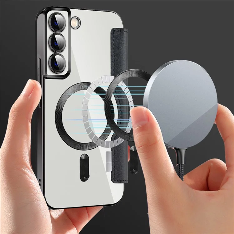 Per Samsung Galaxy S23 Compatibile con MagSafe Rhombus Leather Case RFID Blocking Card Holder Cover with Lens Film - Nero