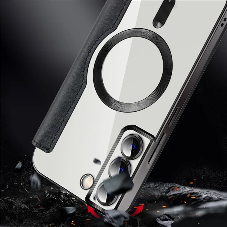 Per Samsung Galaxy S23 Compatibile con MagSafe Rhombus Leather Case RFID Blocking Card Holder Cover with Lens Film - Nero