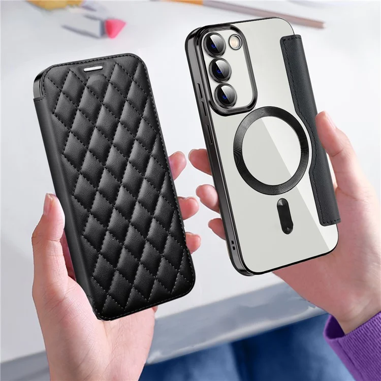 Per Samsung Galaxy S23 Compatibile con MagSafe Rhombus Leather Case RFID Blocking Card Holder Cover with Lens Film - Nero