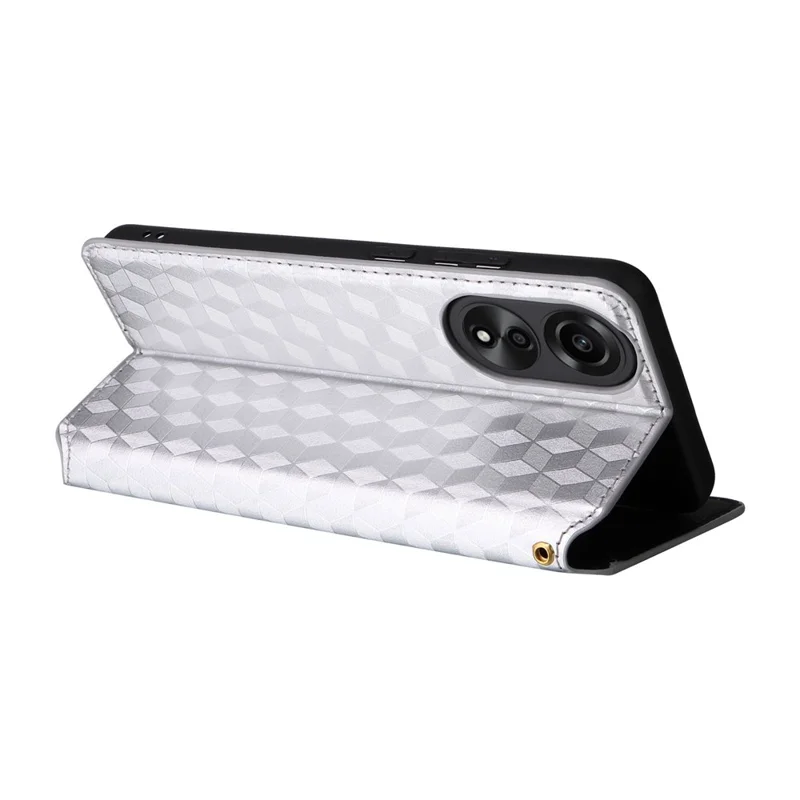 Leather Wallet Case for Oppo A78 4G , Rhombus Imprinted Stand Protective Phone Guard Cover - Silver