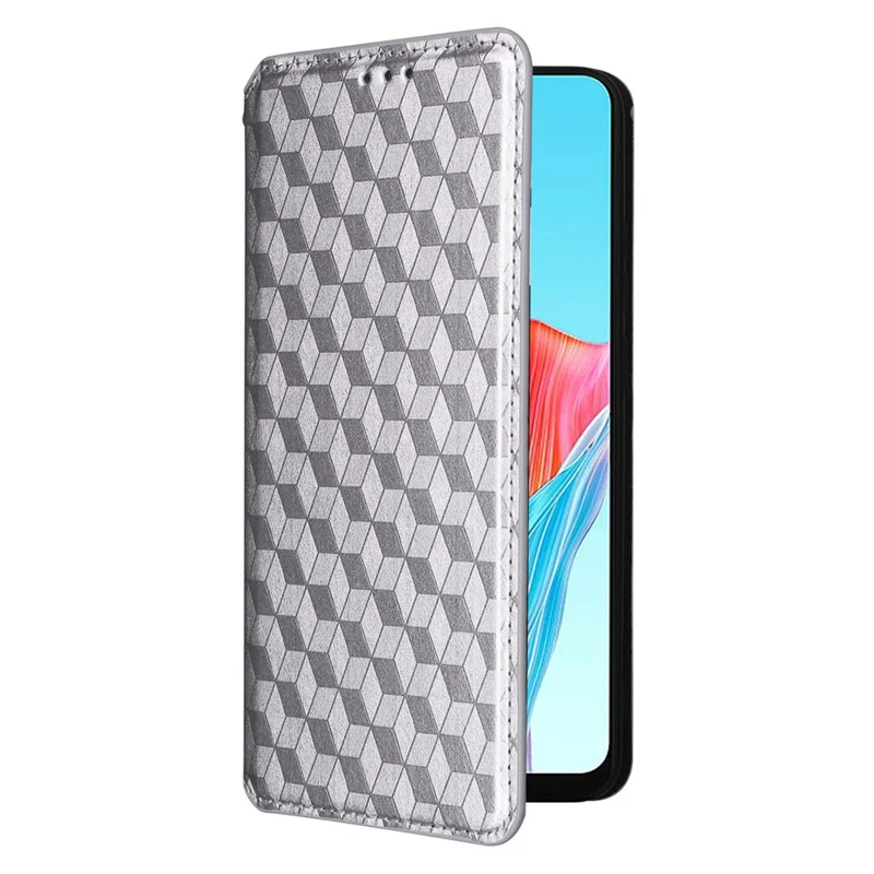 Leather Wallet Case for Oppo A78 4G , Rhombus Imprinted Stand Protective Phone Guard Cover - Silver