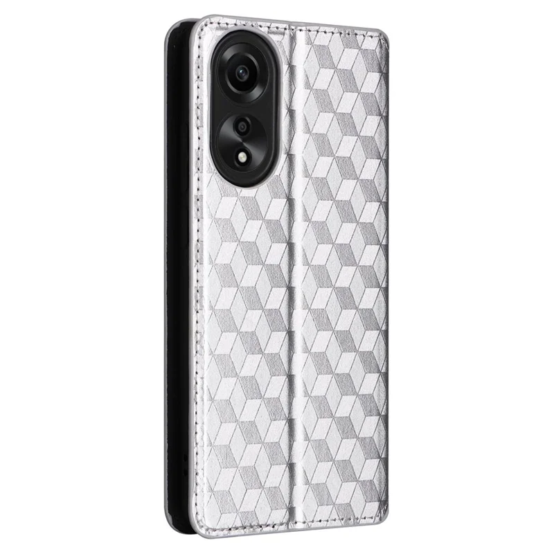 Leather Wallet Case for Oppo A78 4G , Rhombus Imprinted Stand Protective Phone Guard Cover - Silver
