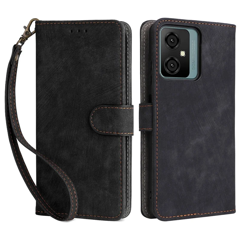 Stand Cover for Blackview Oscal C70 / Oscal Tiger 10 Wallet Phone Case RFID Blocking PU Leather Shell with Strap - Black