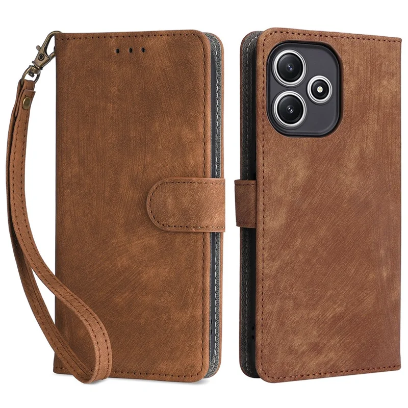 Wallet Phone Case for Xiaomi Redmi 12 5G (Global) / Note 12R 5G / Poco M6 Pro 5G , Stand Cover RFID Blocking PU Leather Shell with Strap - Brown
