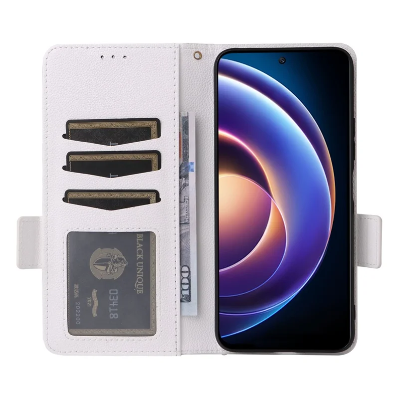 Чехол-книжка для Xiaomi Redmi 12 5G (Global) / Note 12R 5G / Poco M6 Pro 5G, текстура личи, кожа PU, с ремешком - белый