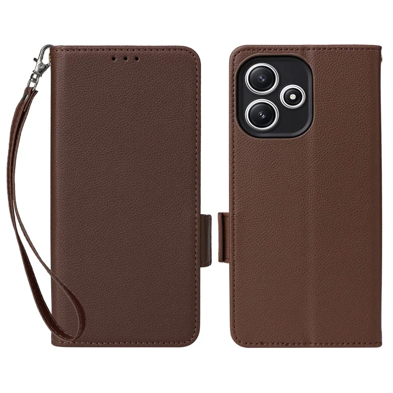 For Xiaomi Redmi 12 5G (Global) / Note 12R 5G / Poco M6 Pro 5G Wallet Phone Shell Litchi Texture PU Leather Cellphone Cover with Strap - Brown