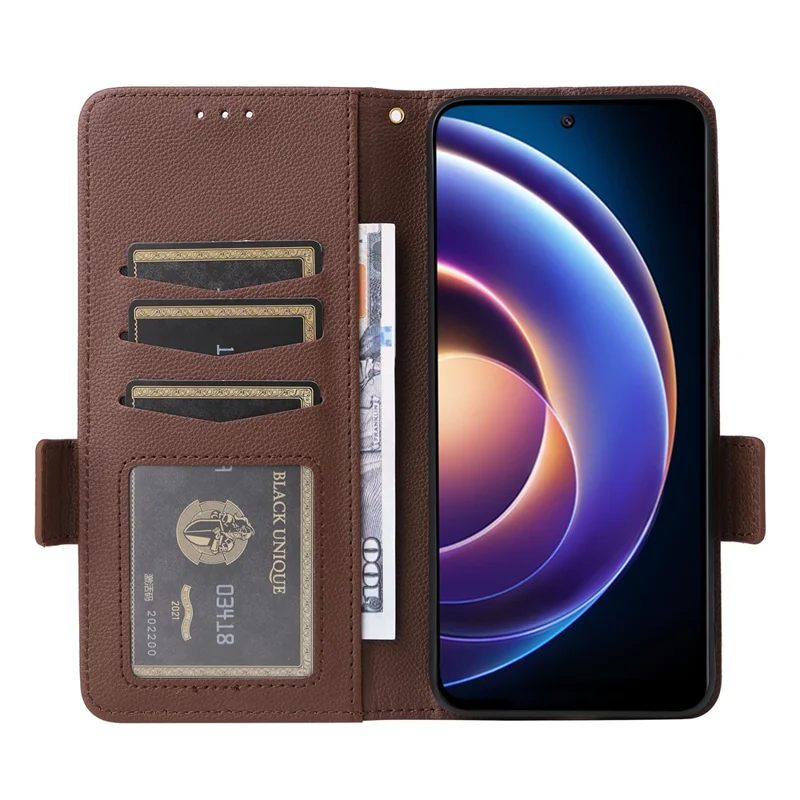 For Xiaomi Redmi 12 5G (Global) / Note 12R 5G / Poco M6 Pro 5G Wallet Phone Shell Litchi Texture PU Leather Cellphone Cover with Strap - Brown