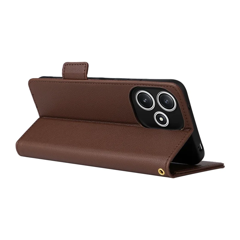 For Xiaomi Redmi 12 5G (Global) / Note 12R 5G / Poco M6 Pro 5G Wallet Phone Shell Litchi Texture PU Leather Cellphone Cover with Strap - Brown