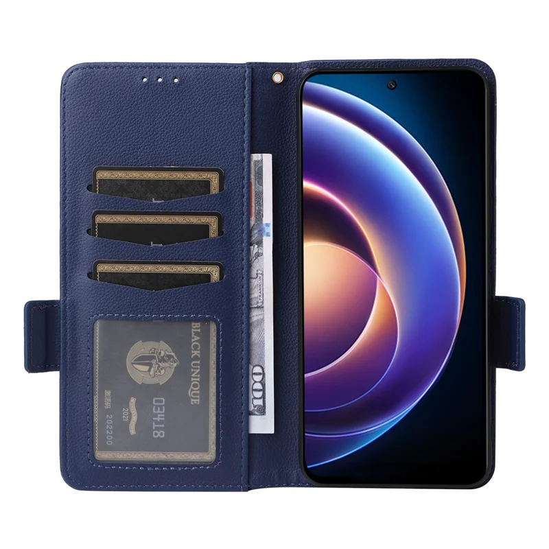 For Xiaomi Redmi 12 5G (Global) / Note 12R 5G / Poco M6 Pro 5G Wallet Phone Shell Litchi Texture PU Leather Cellphone Cover with Strap - Dark Blue