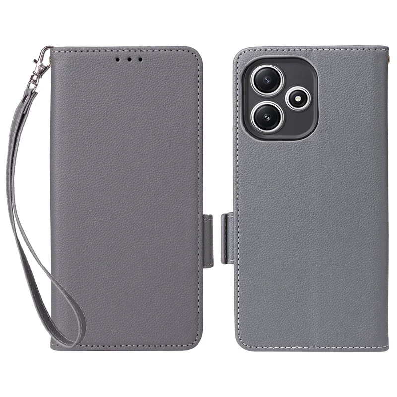 For Xiaomi Redmi 12 5G (Global) / Note 12R 5G / Poco M6 Pro 5G Wallet Phone Shell Litchi Texture PU Leather Cellphone Cover with Strap - Grey