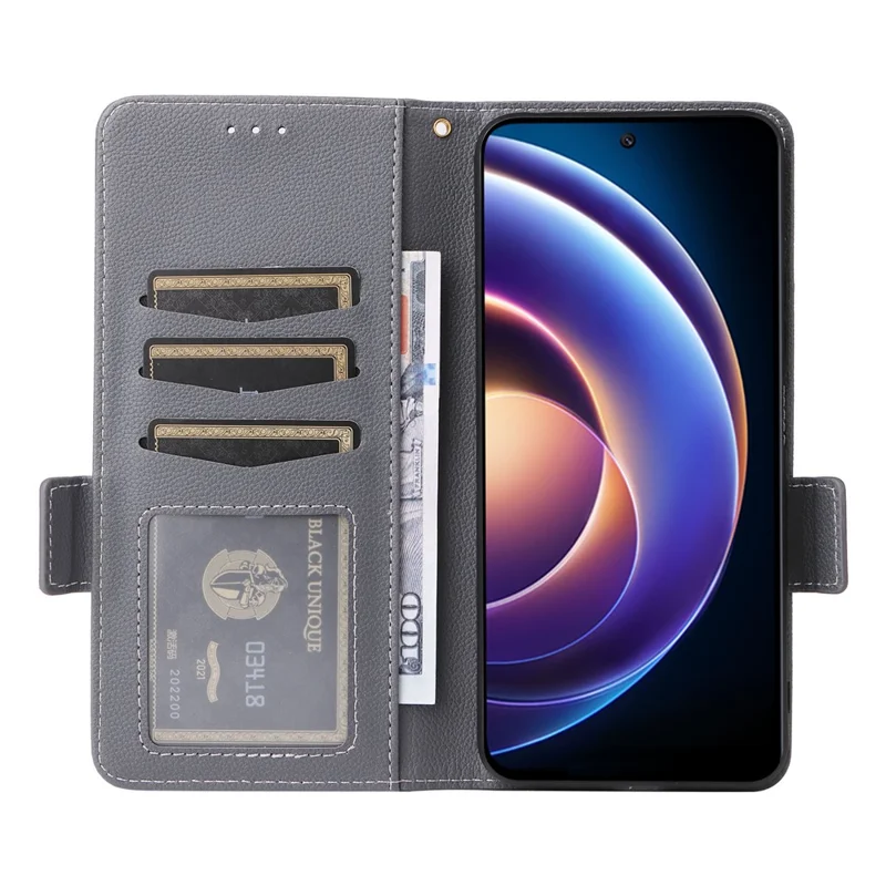 For Xiaomi Redmi 12 5G (Global) / Note 12R 5G / Poco M6 Pro 5G Wallet Phone Shell Litchi Texture PU Leather Cellphone Cover with Strap - Grey