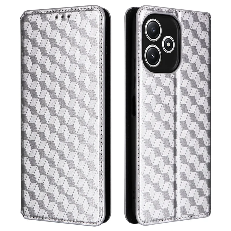 Wallet Case for Xiaomi Redmi 12 5G (Global) / Note 12R 5G / Poco M6 Pro 5G , Rhombus Imprinted Stand Phone Guard Leather Cover - Silver