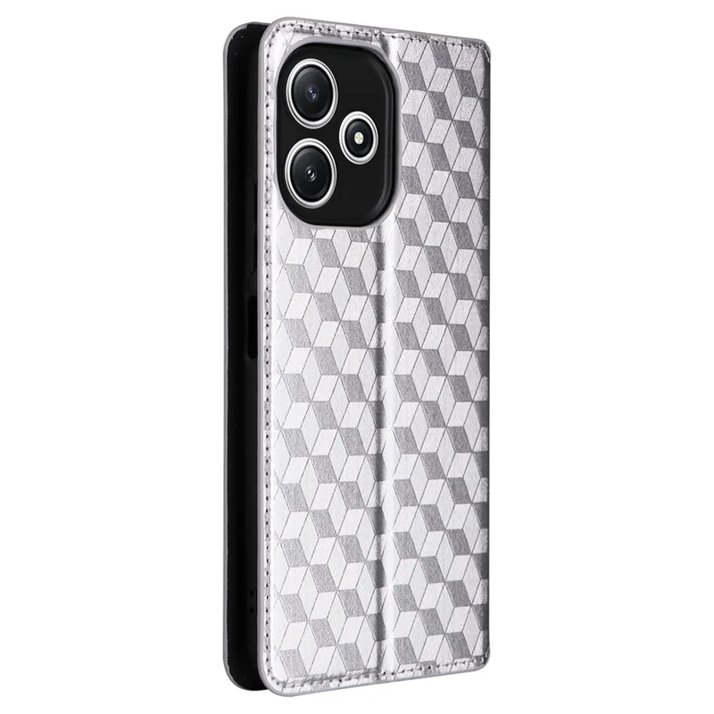Wallet Case for Xiaomi Redmi 12 5G (Global) / Note 12R 5G / Poco M6 Pro 5G , Rhombus Imprinted Stand Phone Guard Leather Cover - Silver