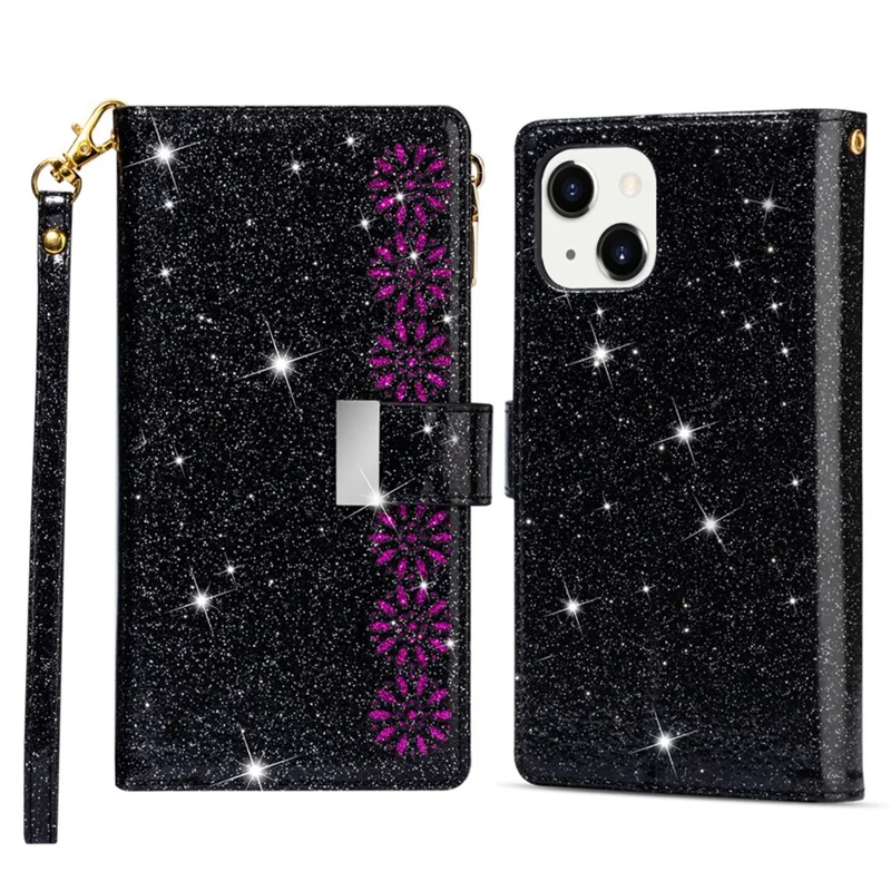 Для iPhone 15 Plus Glittery Leather Phone Case Zipper Wallet Stand Laser Carving Phone Cover - Black
