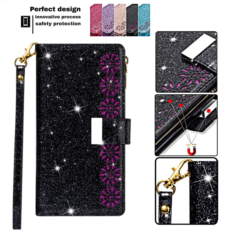 Для iPhone 15 Plus Glittery Leather Phone Case Zipper Wallet Stand Laser Carving Phone Cover - Black
