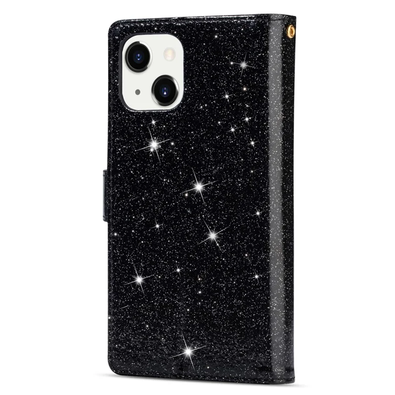 Для iPhone 15 Plus Glittery Leather Phone Case Zipper Wallet Stand Laser Carving Phone Cover - Black