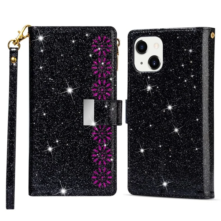 Per iPhone 15 Zipper Wallet Stand Phone Case PU Leather Glittery Laser Carving Phone Cover - Nero
