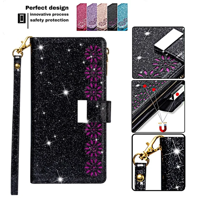 Per iPhone 15 Zipper Wallet Stand Phone Case PU Leather Glittery Laser Carving Phone Cover - Nero