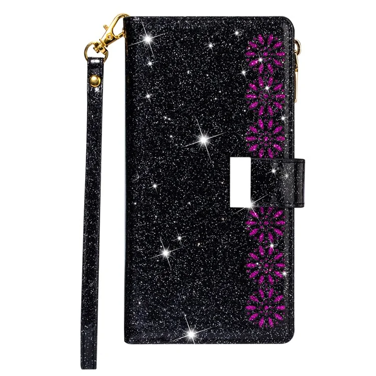 Per iPhone 15 Zipper Wallet Stand Phone Case PU Leather Glittery Laser Carving Phone Cover - Nero