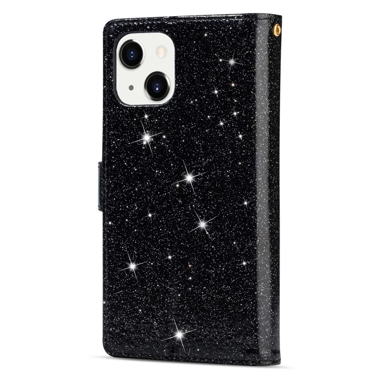 Per iPhone 15 Zipper Wallet Stand Phone Case PU Leather Glittery Laser Carving Phone Cover - Nero