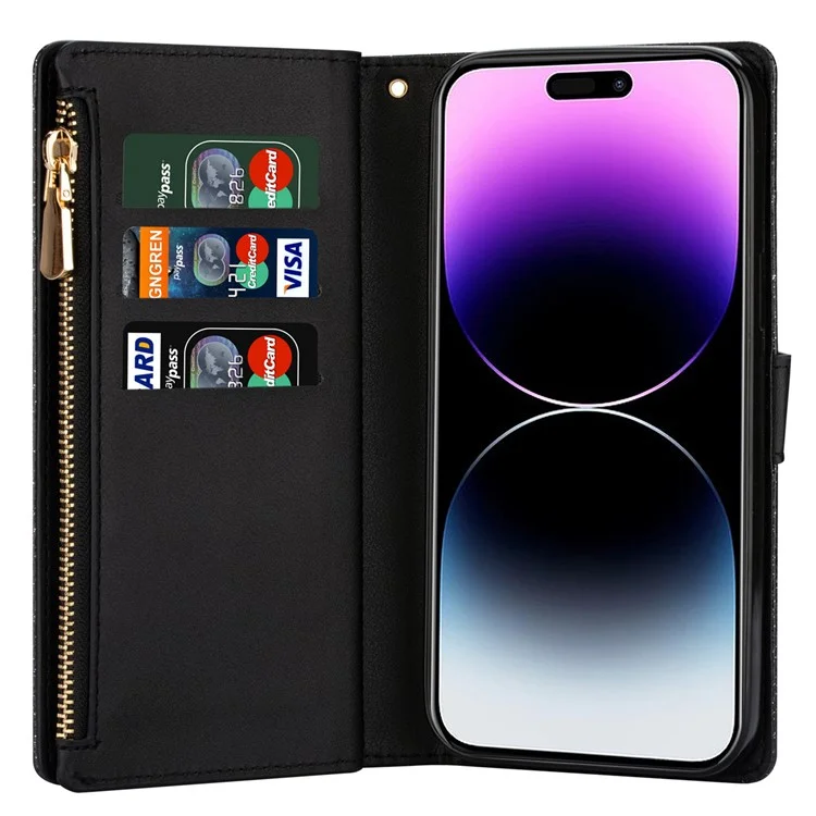 Per iPhone 15 Zipper Wallet Stand Phone Case PU Leather Glittery Laser Carving Phone Cover - Nero