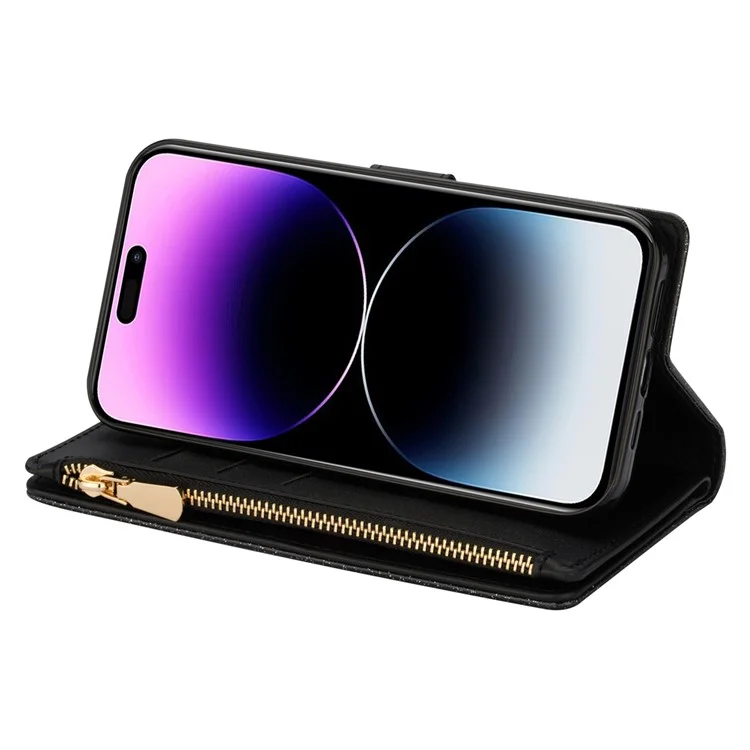 Per iPhone 15 Zipper Wallet Stand Phone Case PU Leather Glittery Laser Carving Phone Cover - Nero