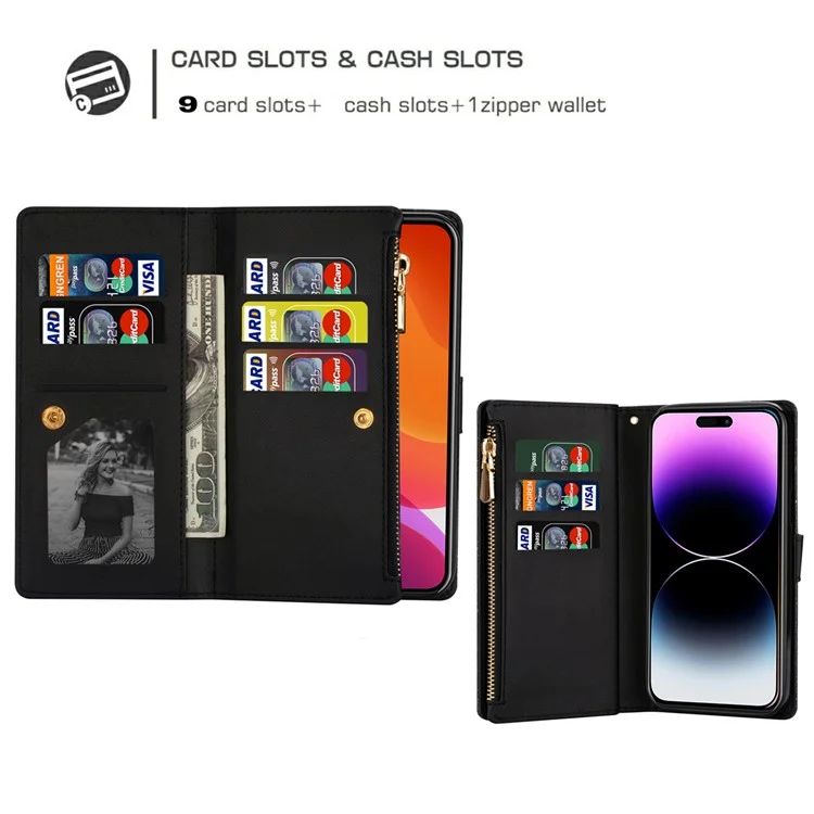Per iPhone 15 Zipper Wallet Stand Phone Case PU Leather Glittery Laser Carving Phone Cover - Nero
