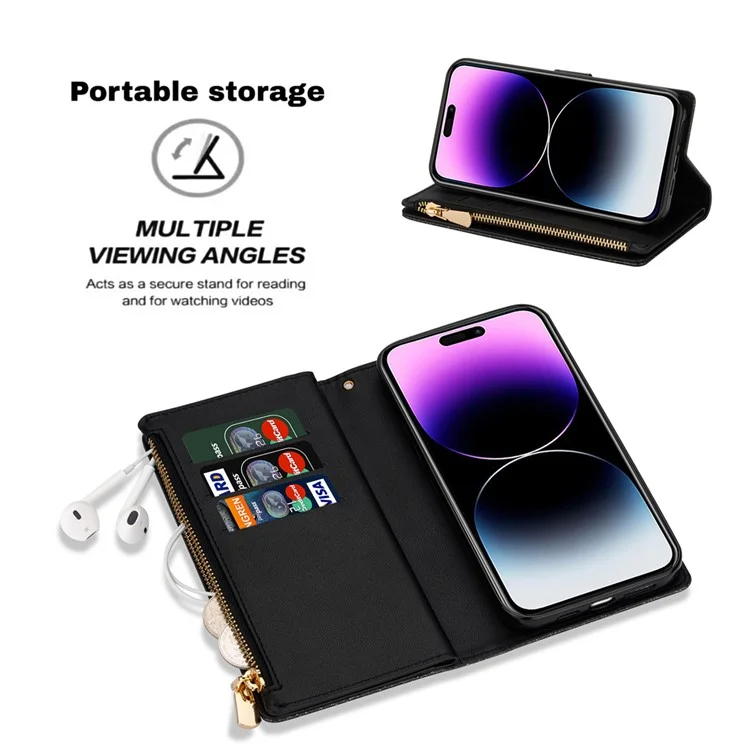 Per iPhone 15 Zipper Wallet Stand Phone Case PU Leather Glittery Laser Carving Phone Cover - Nero