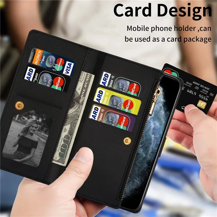 Per iPhone 15 Zipper Wallet Stand Phone Case PU Leather Glittery Laser Carving Phone Cover - Nero