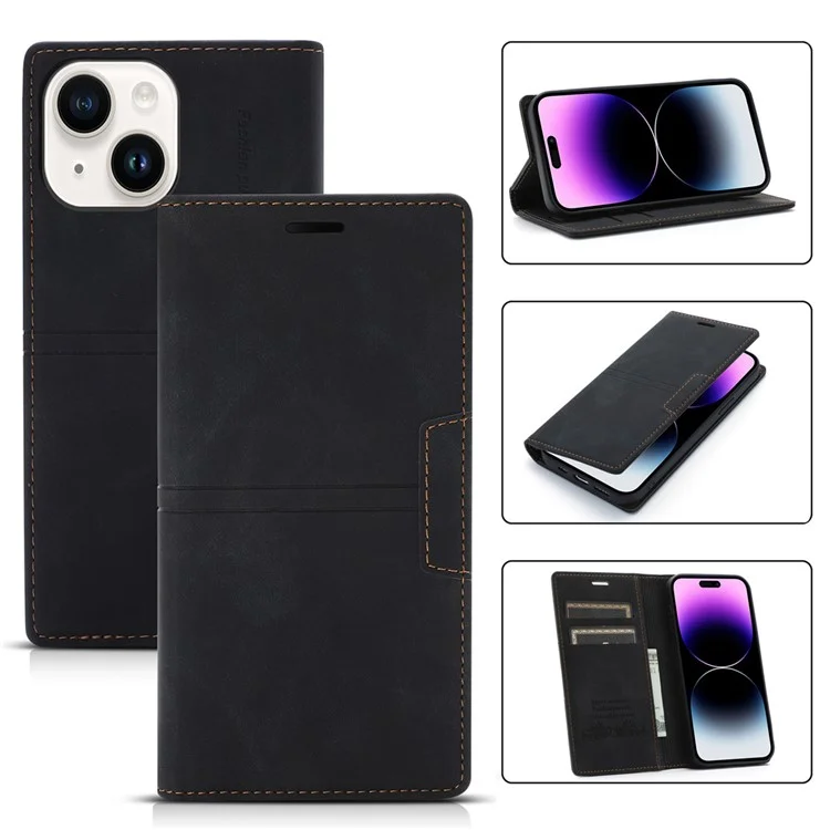 For iPhone 15 Plus PU Leather Wallet Phone Cover Magnetic Closure Stand Case - Black