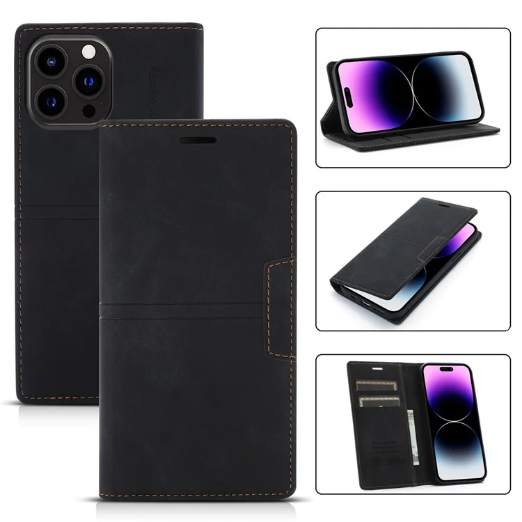 Funda de teléfono con cartera y soporte para iPhone 15 Pro, de piel sintética y TPU, color negro