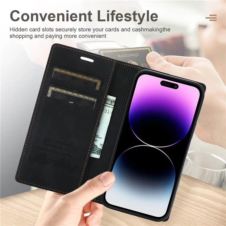 Funda de teléfono con cartera y soporte para iPhone 15 Pro, de piel sintética y TPU, color negro