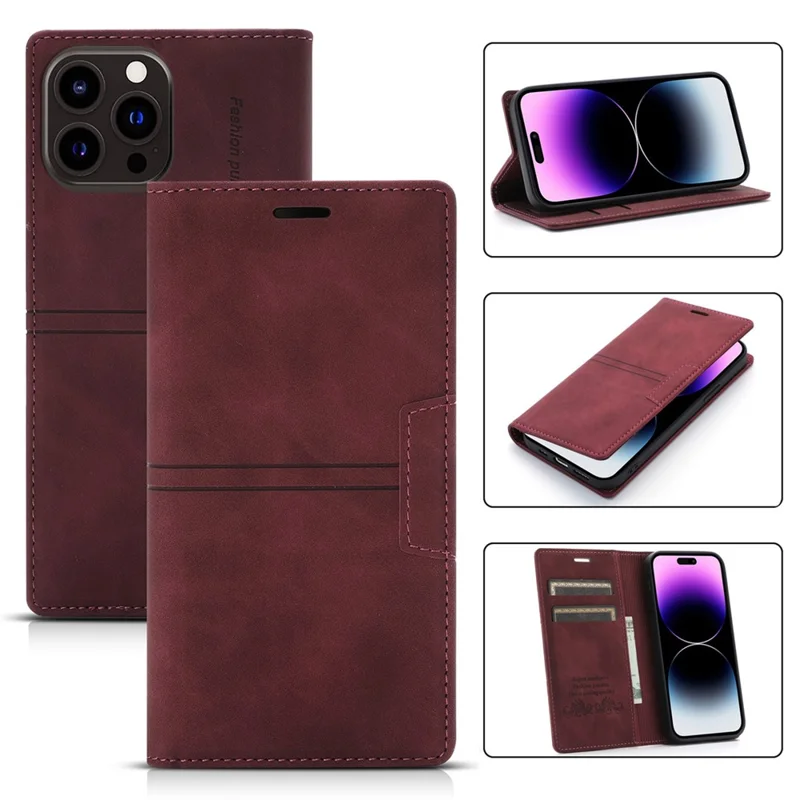 For iPhone 15 Pro Wallet Stand Phone Case PU Leather + TPU Phone Cover - Wine Red