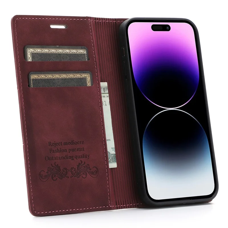 For iPhone 15 Pro Wallet Stand Phone Case PU Leather + TPU Phone Cover - Wine Red