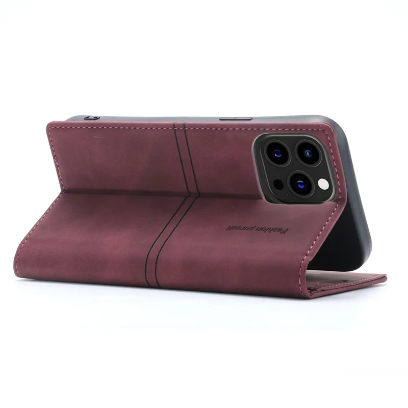 For iPhone 15 Pro Wallet Stand Phone Case PU Leather + TPU Phone Cover - Wine Red