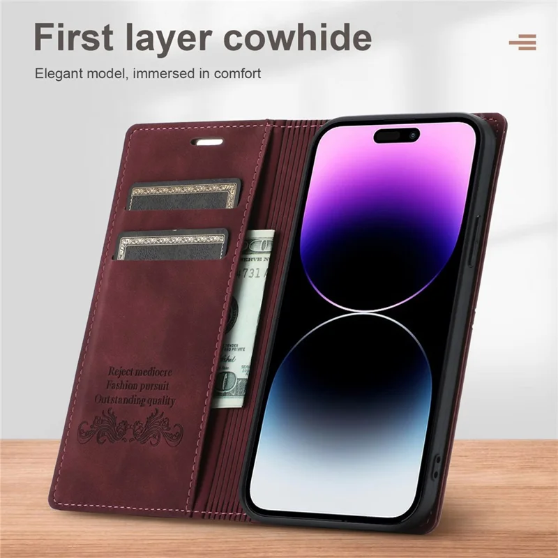 For iPhone 15 Pro Wallet Stand Phone Case PU Leather + TPU Phone Cover - Wine Red