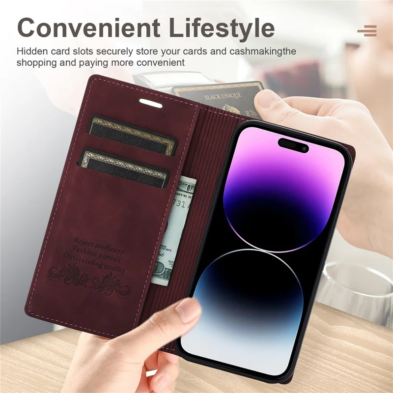 For iPhone 15 Pro Wallet Stand Phone Case PU Leather + TPU Phone Cover - Wine Red