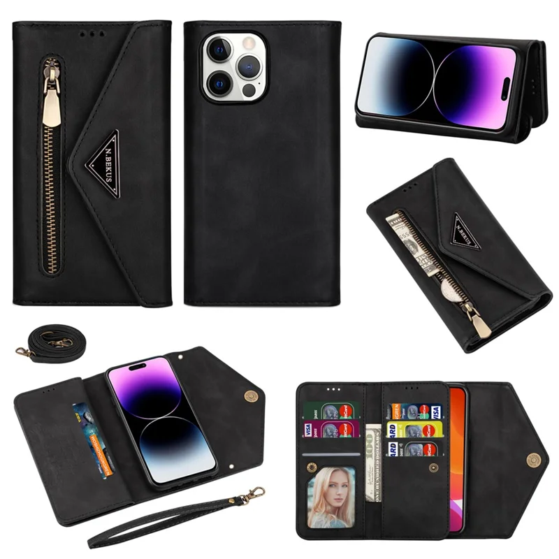 N.BEKUS Für iPhone 15 Pro Max Reißverschlusstasche Lederhülle Ständer Wallet Handyhülle mit kurzem + langem Riemen - Schwarz