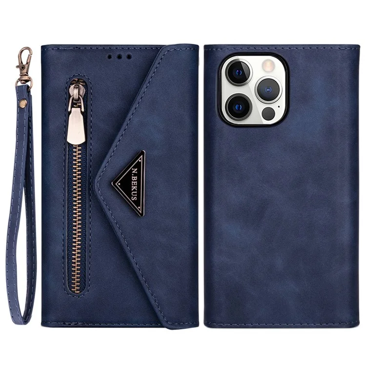 N.BEKUS For iPhone 15 Pro Max Zipper Pocket Leather Case Stand Wallet Phone Cover with Short + Long Strap - Blue