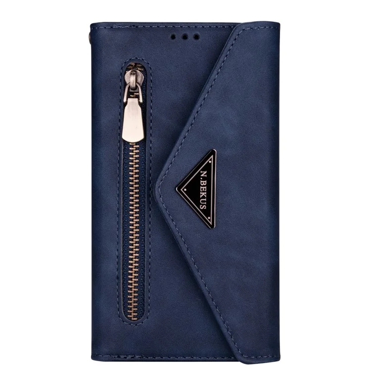 N.BEKUS For iPhone 15 Pro Max Zipper Pocket Leather Case Stand Wallet Phone Cover with Short + Long Strap - Blue