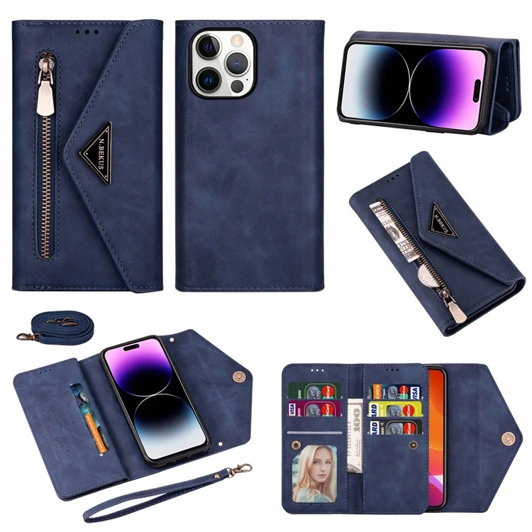 N.BEKUS For iPhone 15 Pro Max Zipper Pocket Leather Case Stand Wallet Phone Cover with Short + Long Strap - Blue